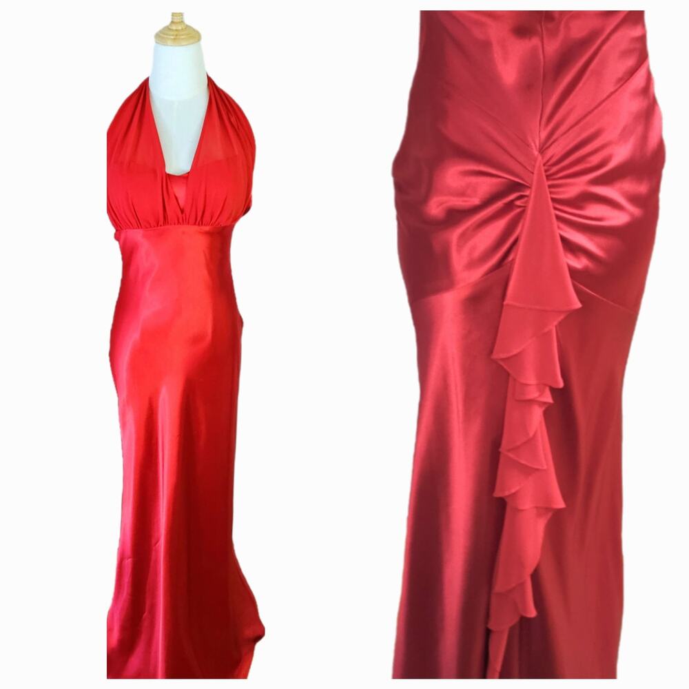 Vtg Betsey & Adam Red Silky Satin Bias Cut Halter Long Formal Prom Dress USA 4